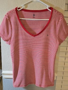 Tommy Hilfiger Red & White Striped V-Neck Short Sleeve Tee